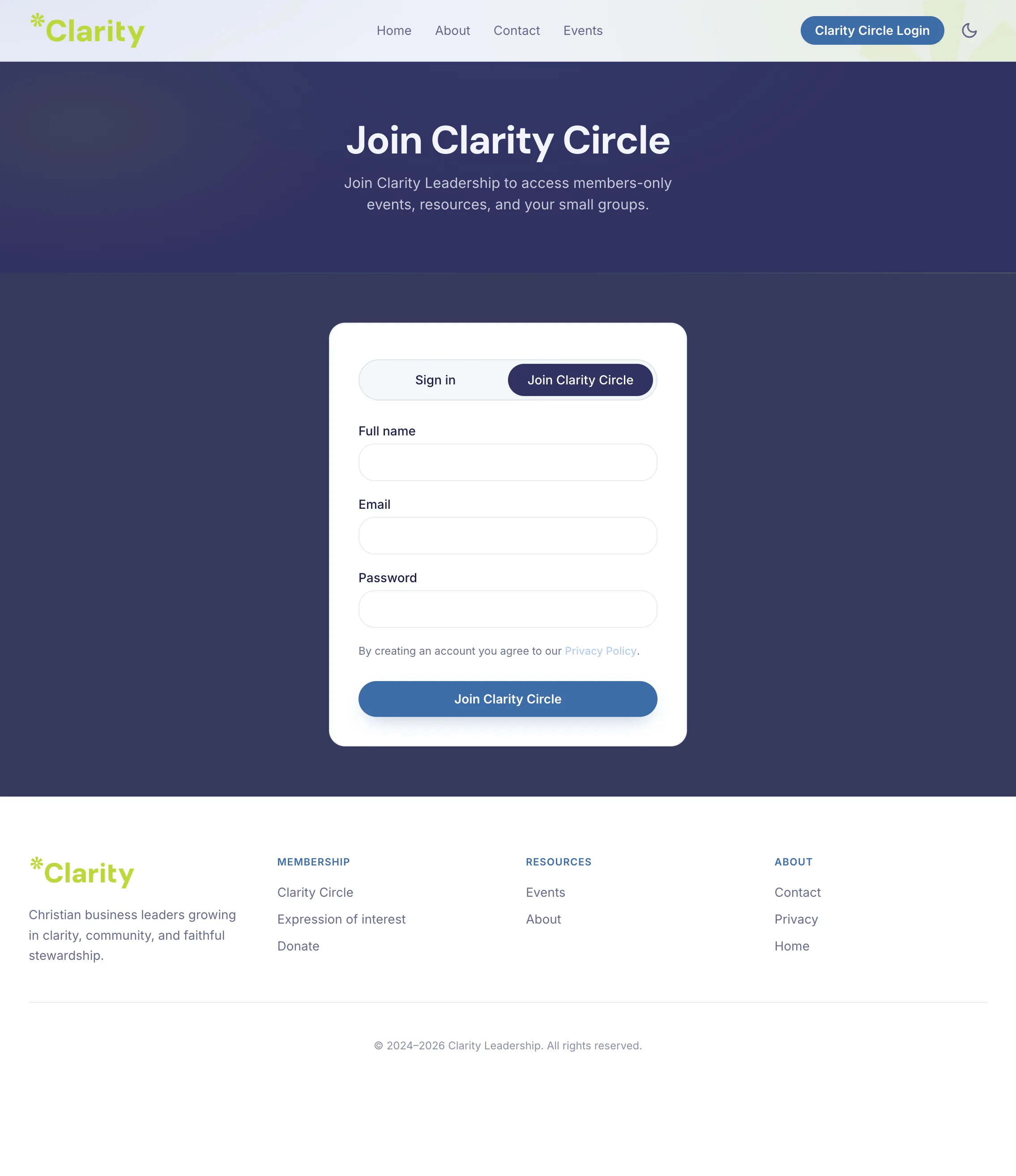 Join Clarity Circle sign-up form with name, email, and password fields