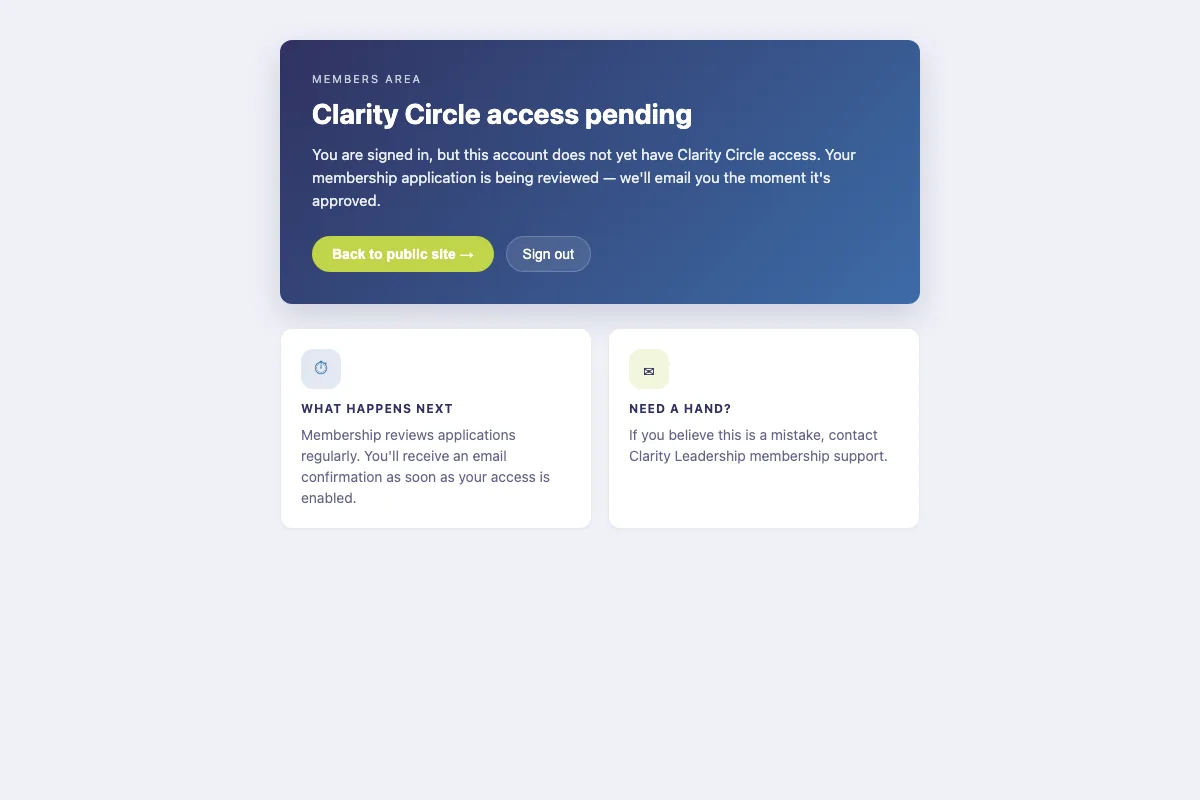 Clarity Circle access pending screen shown while membership is reviewed