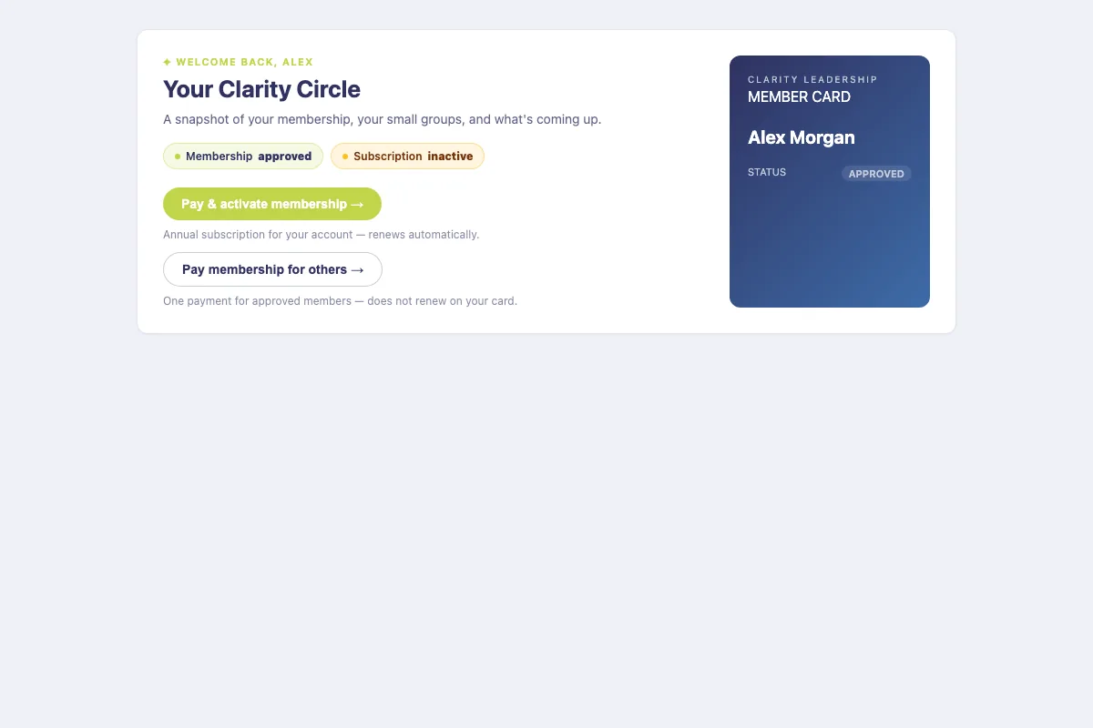 Member dashboard with the Pay and activate membership button