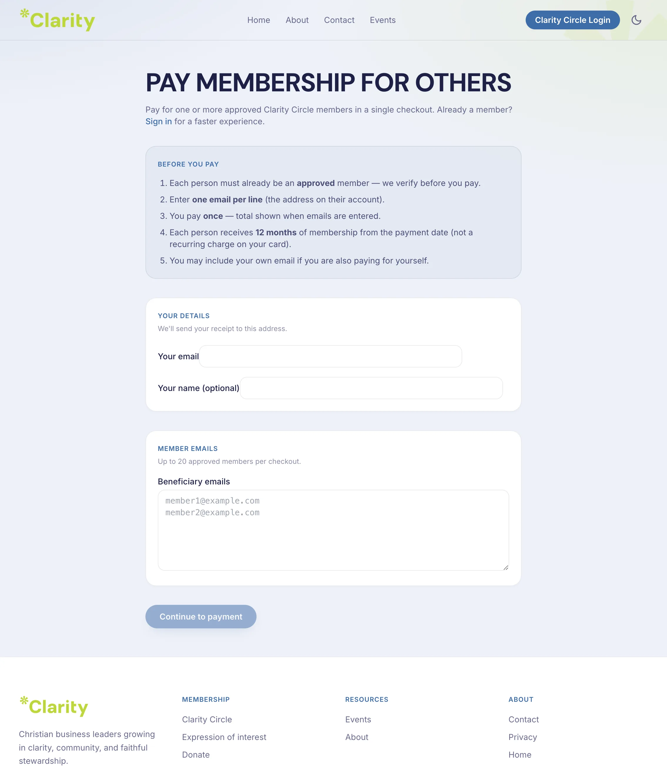 Pay membership for others form with beneficiary email fields